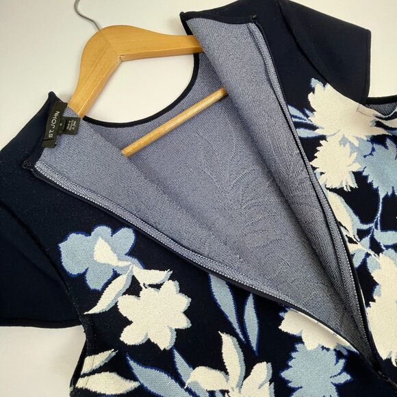 ~ St. John 10 Luxury Knit Midi Dress Navy Floral Cap Sleeve Flounce Hem Jacquard - Picture 9 of 16